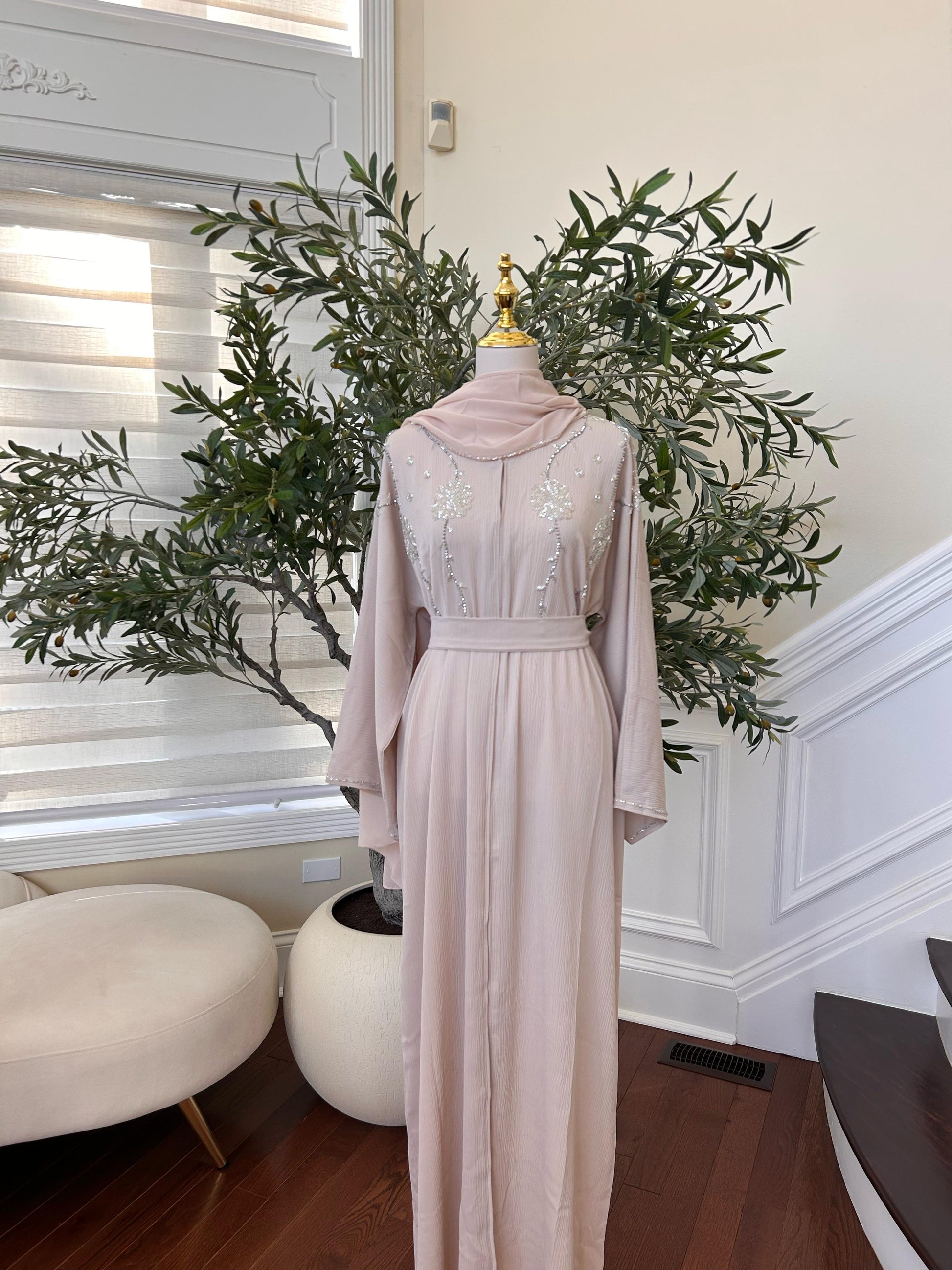 Cream Beaded Charm Abaya