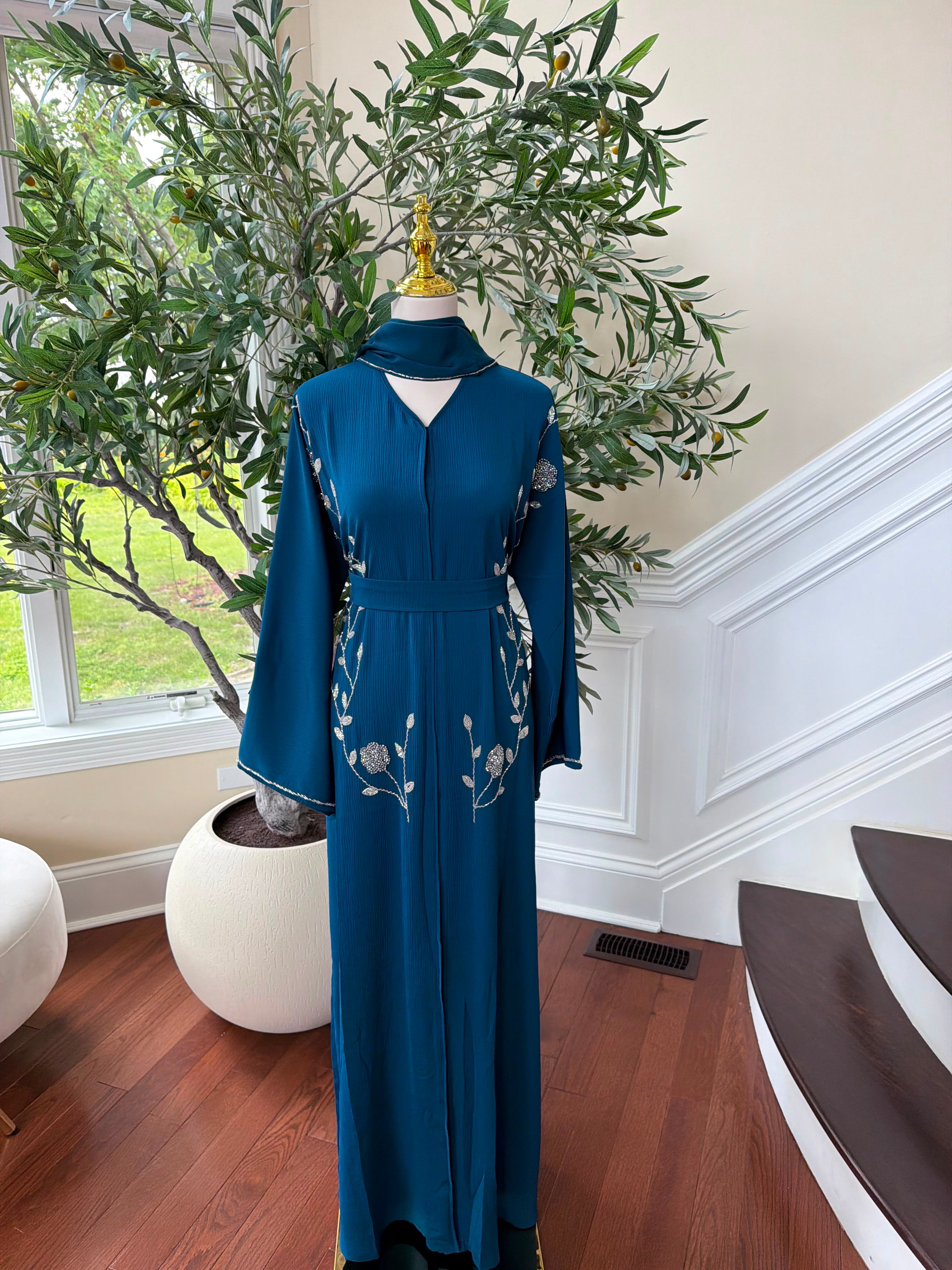Sky Blue Rose Elegance Detail Abaya