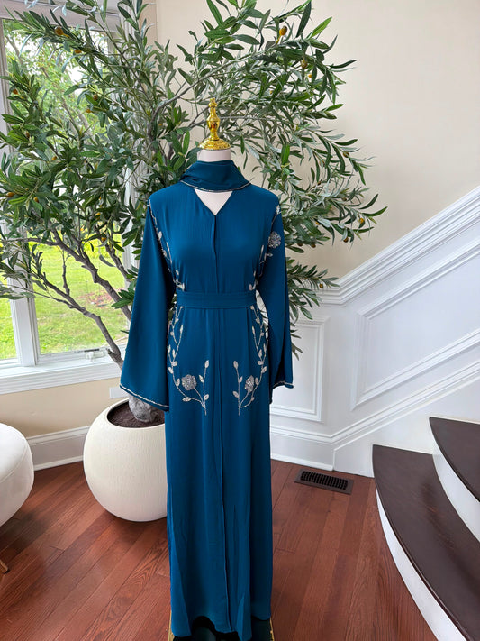 Sky Blue Rose Elegance Detail Abaya