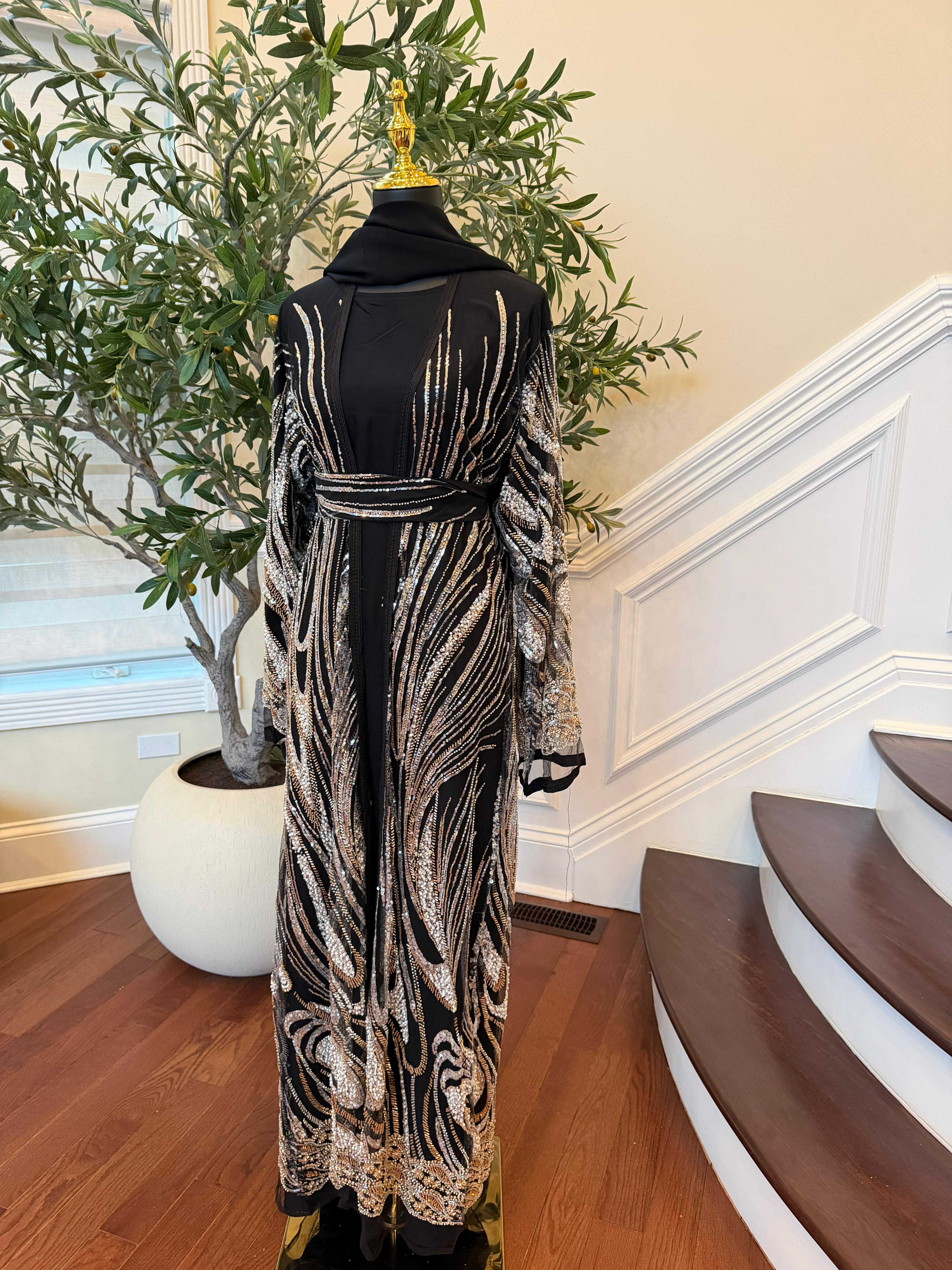 Black Golden Sequin Two Piece Abaya