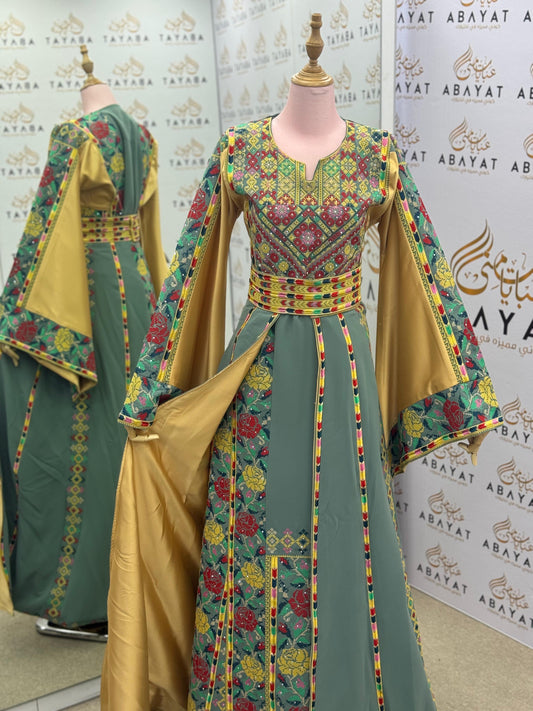 Luxury Palestinian-Inspired Embroidered Thobe with Golden Satin Panels – Floral Tatreez Design