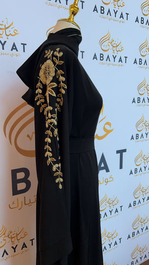 Golden Floral Black Nada Fabric Abaya