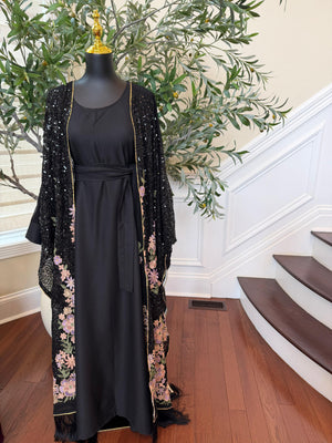 Black Sparkle Floral Abaya