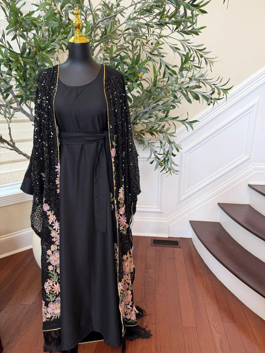 Black Sparkle Floral Abaya