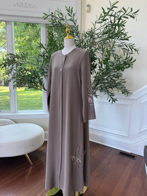 Taupe Embroidered Classic Abaya – Subtle & Floral Detail