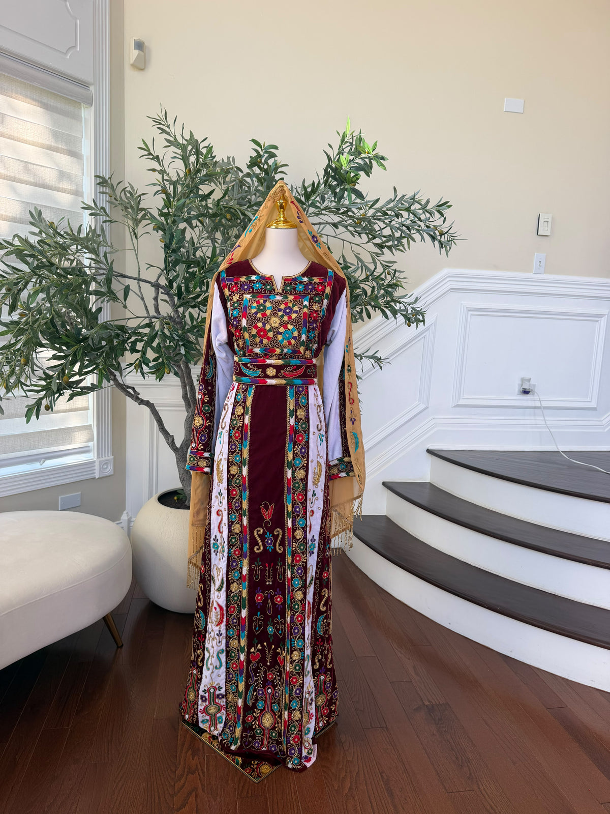 Elegant Burgundy Velvet Thobe with Colorful Embroidery and Matching Skirt included (scarf not included)