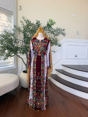 Elegant Burgundy Velvet Thobe with Colorful Embroidery and Matching Skirt included (scarf not included)