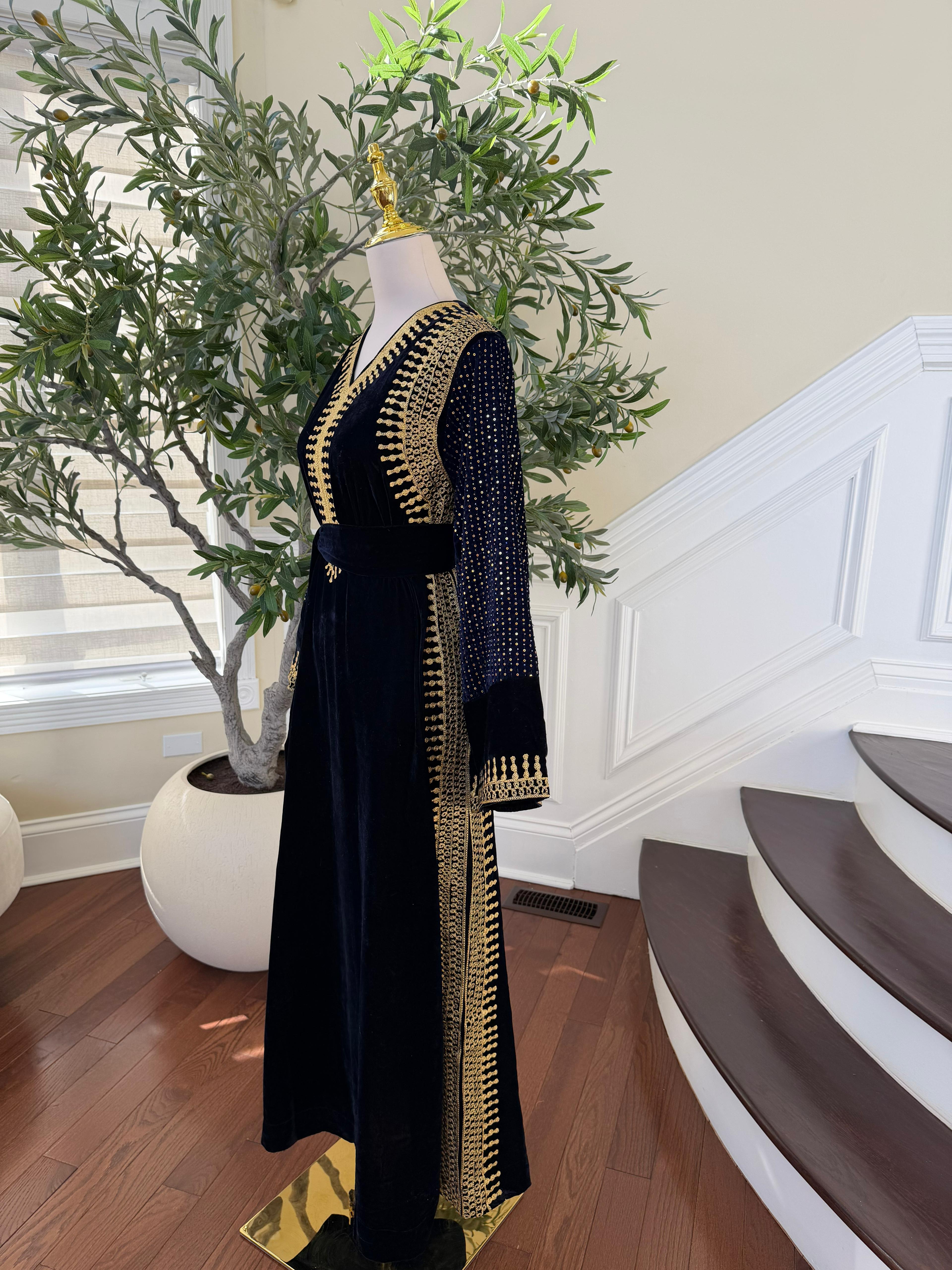 Navy Blue Velvet Celestial Gold Dress