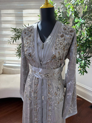 Elegant Silver Gray Embroidered Moroccan Kaftan