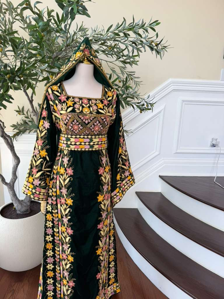 Velvet Green Embroidery Stone Beaded Thobe