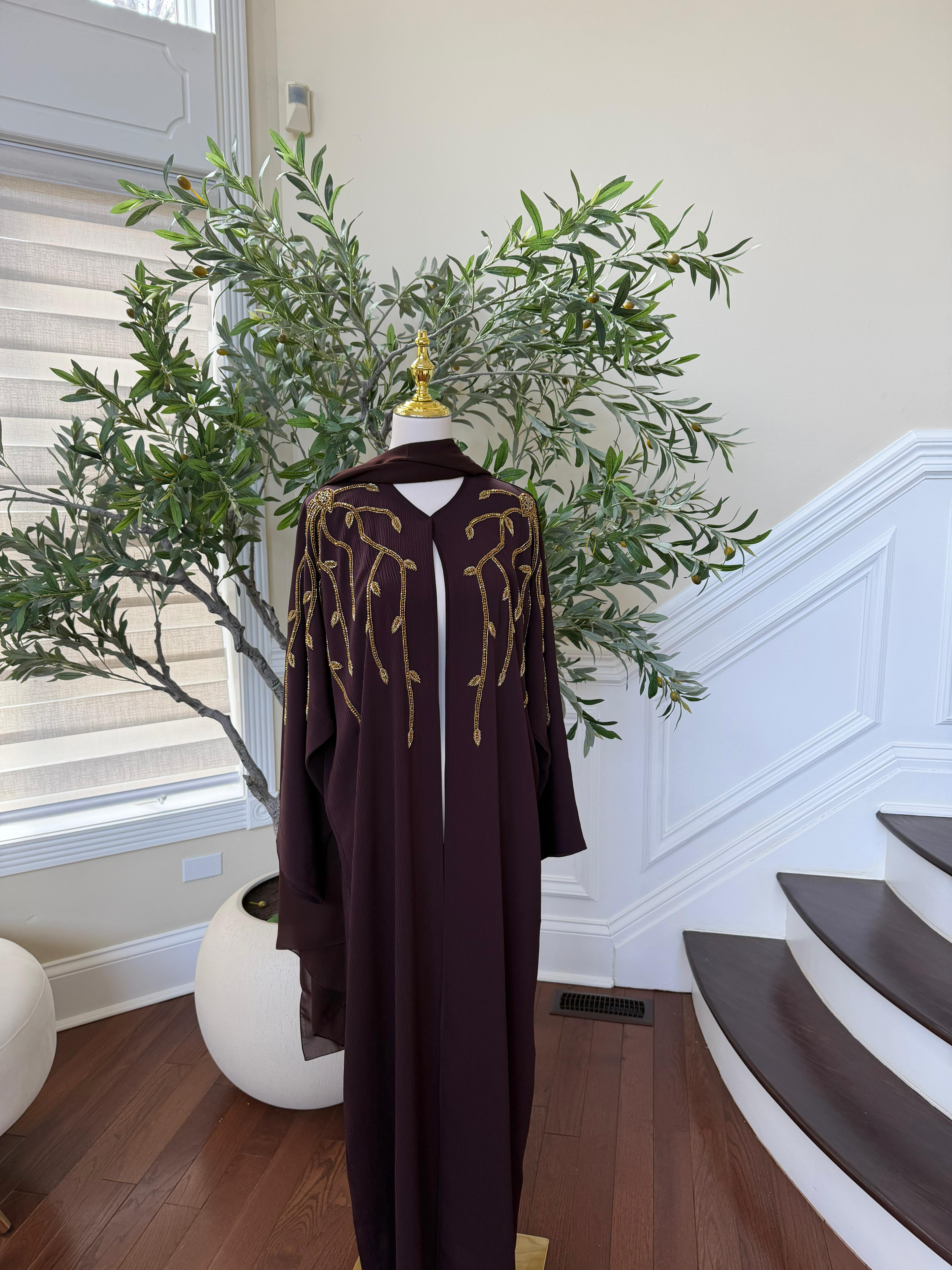Deep Purple Golden Detail Open Abaya