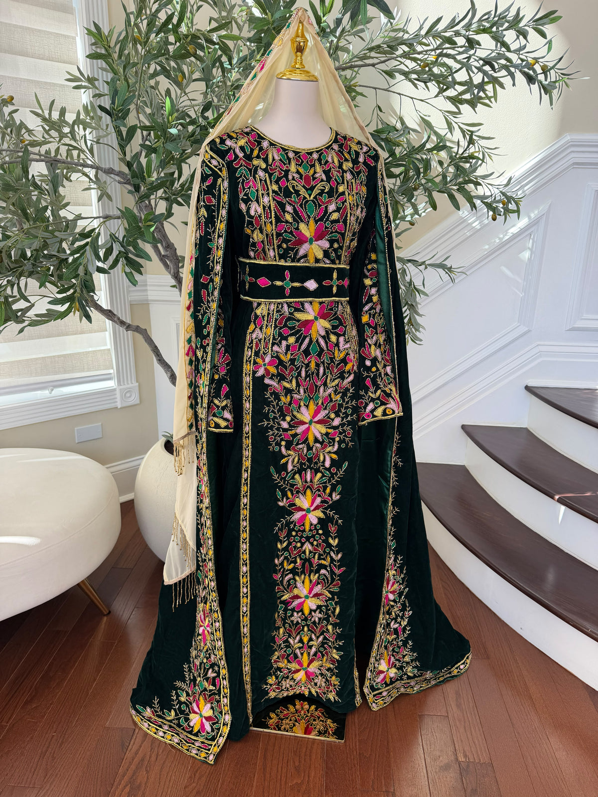 Elegant Black Palestinian Thobe with Colorful Floral Embroidery and Detachable Shoulder Cape (scarf not included)