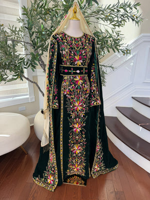 Elegant Black Palestinian Thobe with Colorful Floral Embroidery and Detachable Shoulder Cape (scarf not included)