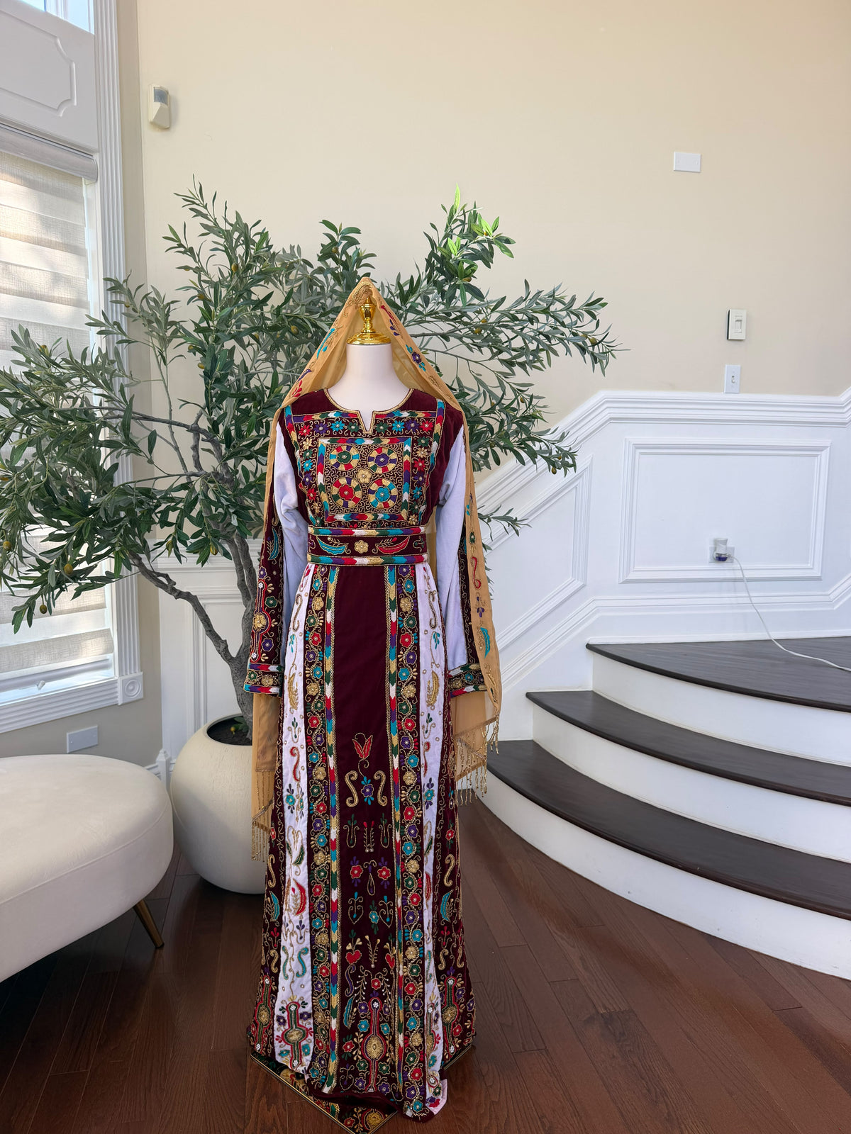 Elegant Burgundy Velvet Thobe with Colorful Embroidery and Matching Skirt included (scarf not included)