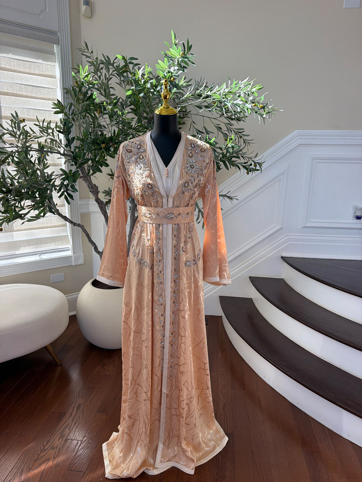 Elegant Peach Embroidered Kaftan with Silver Beadwork