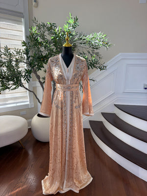 Elegant Peach Embroidered Kaftan with Silver Beadwork