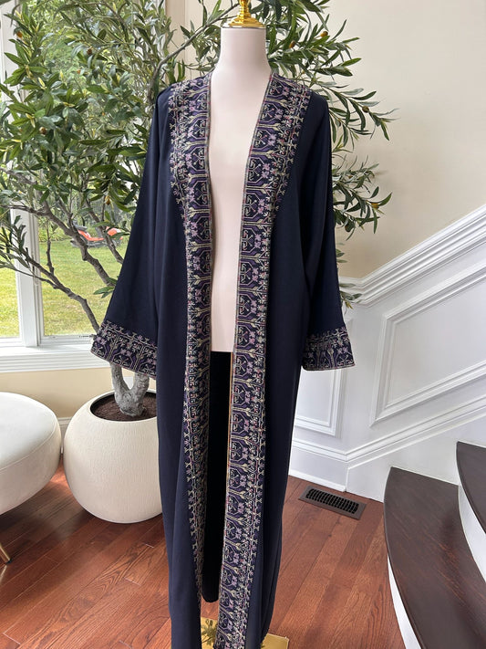 Navy Blue Tatreez Purple Elegance Cardigan Abaya