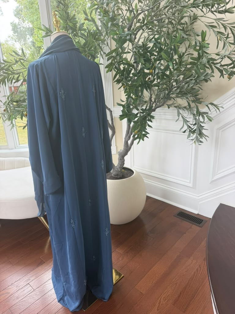 Blue Beaded Nada Fabric Charm Abaya