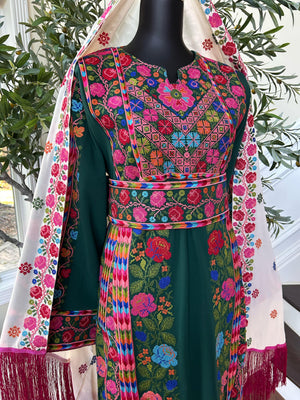 Green Floral Embroidered Tatreez Thobe