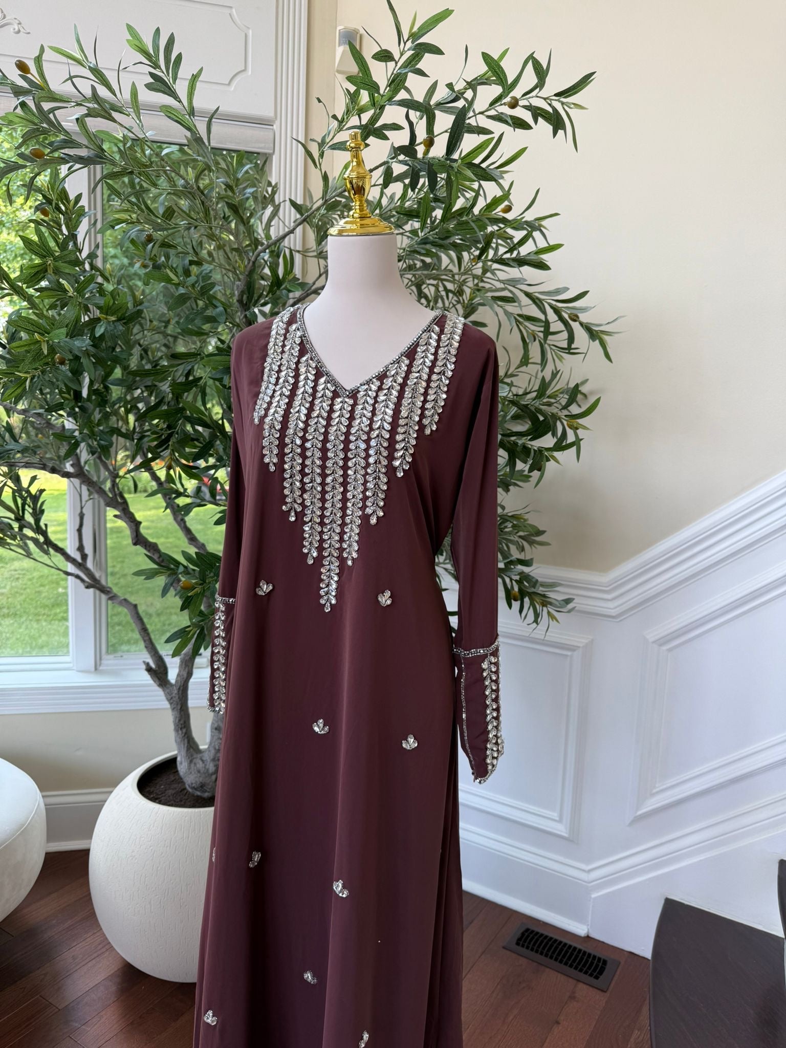 Burgundy Glow – Kaftan with Cascading Crystal Neckline