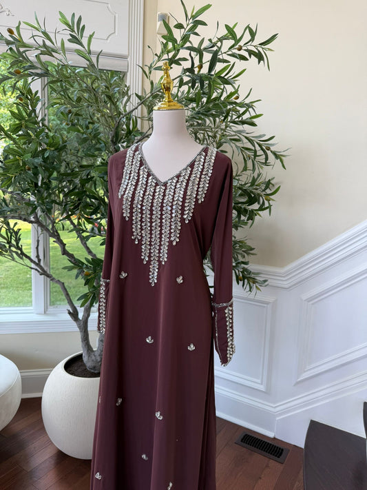Burgundy Glow – Kaftan with Cascading Crystal Neckline