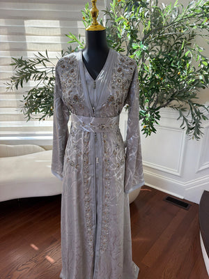 Elegant Silver Gray Embroidered Moroccan Kaftan
