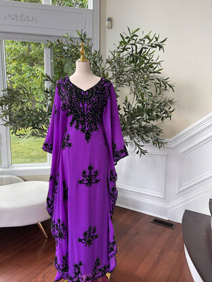 Royal Purple Kuftan Dress with Black Beaded Detail