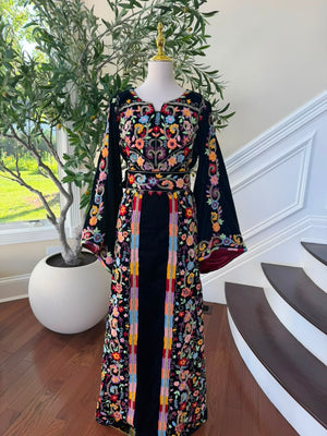 Navy Blue Stone Embroidered Tatreez Floral Thobe