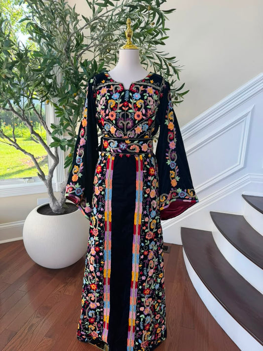 Navy Blue Stone Embroidered Tatreez Floral Thobe