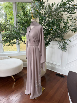 Tan Beaded Elegance Floral Abaya