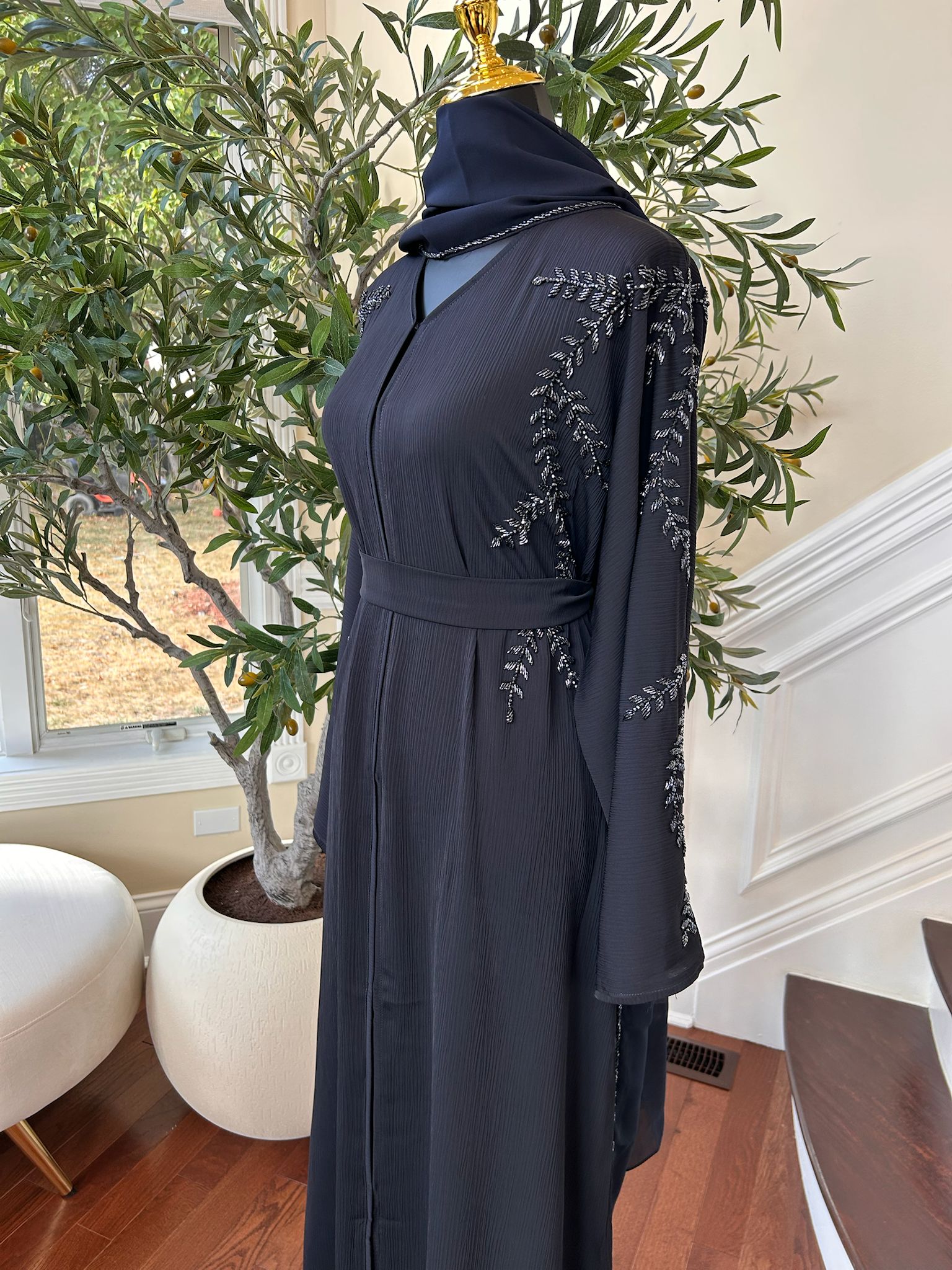 Navy Blue Rose Floral Abaya