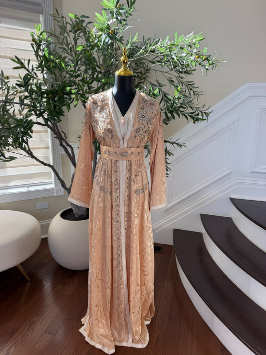 Elegant Peach Embroidered Kaftan with Silver Beadwork