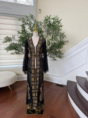 Gold Sequene Beaded Black Cardigan Abaya