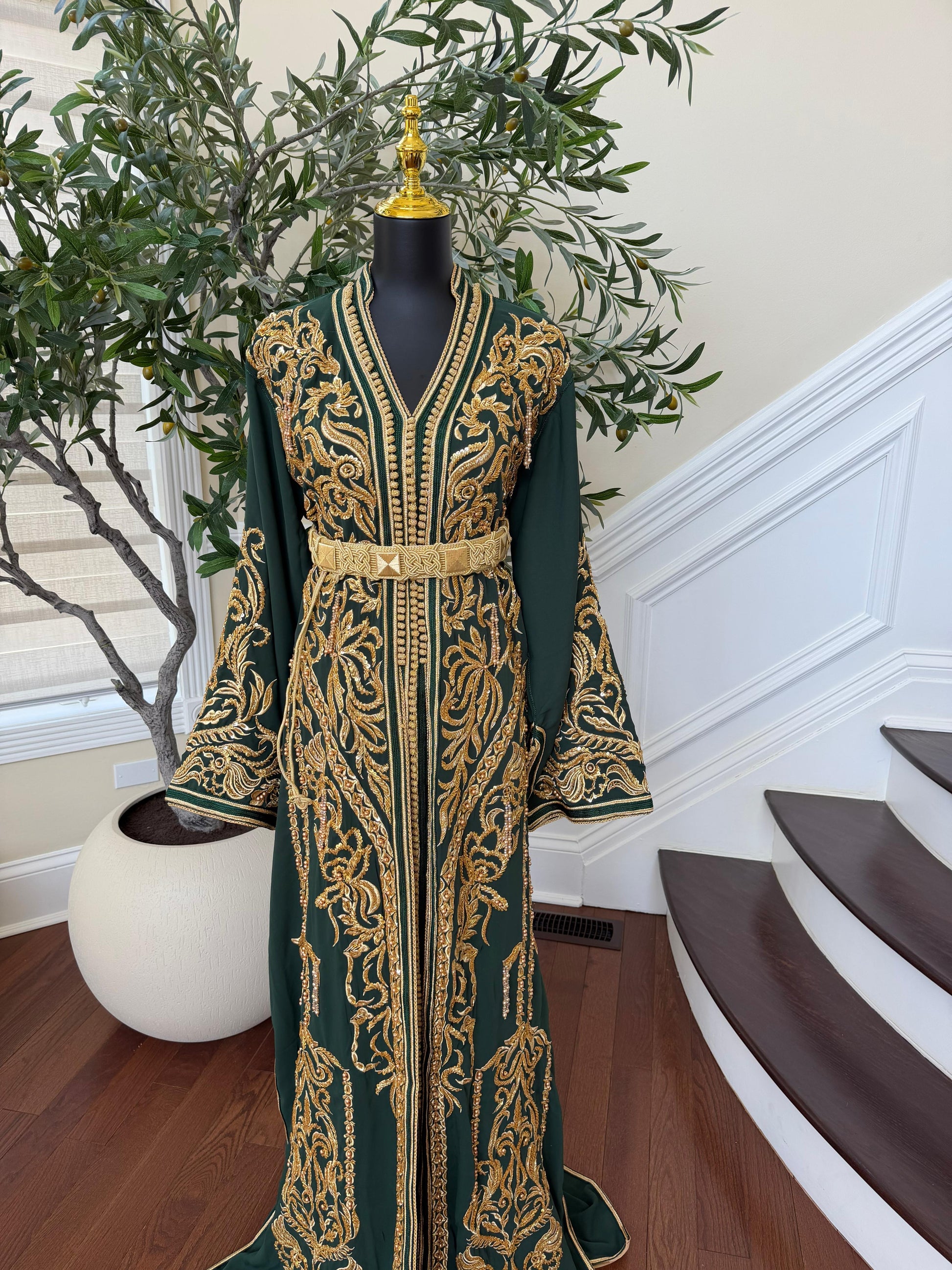 Golden Green Embroidery beaded Kuftan