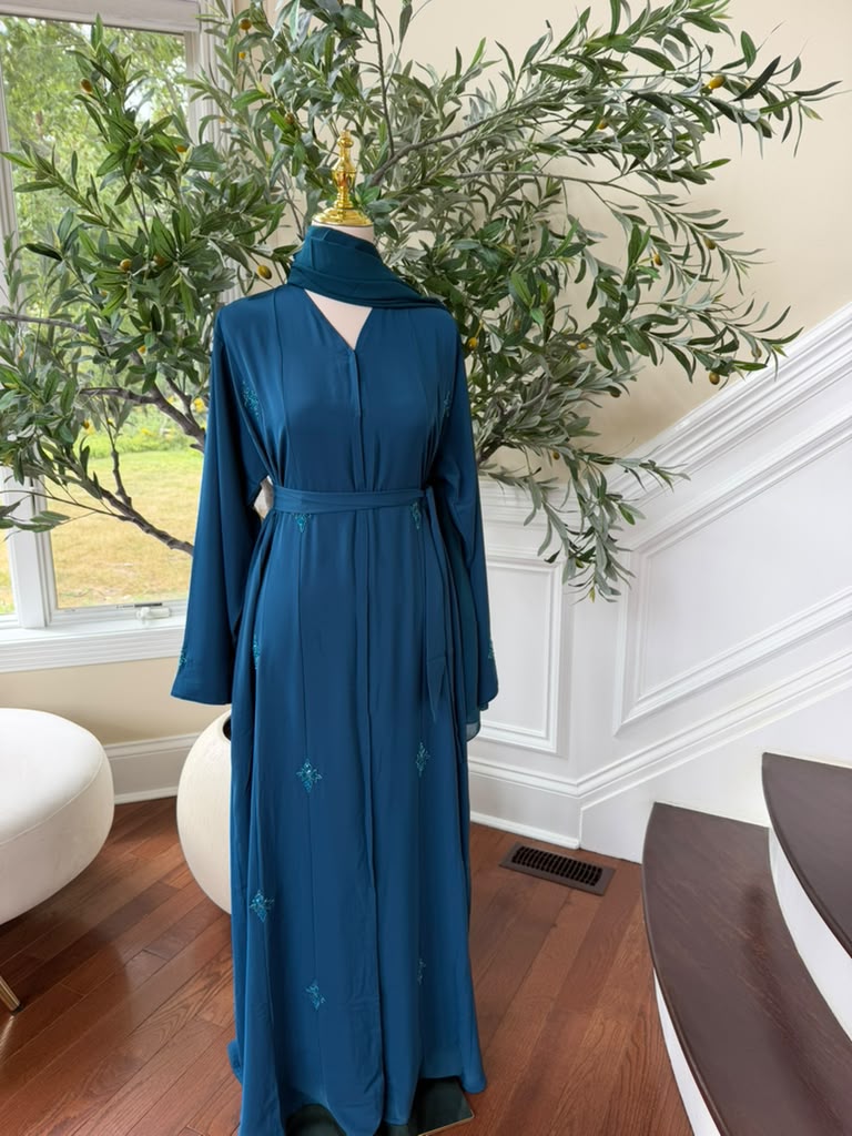 Turquoise Nada Fabric Charm Beaded Elegance Abaya