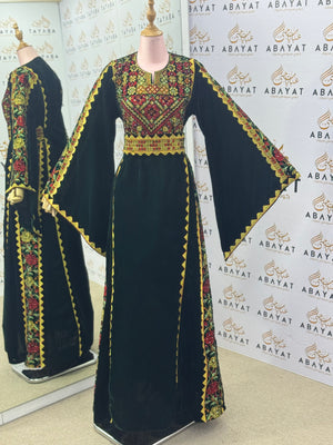Green Velvet Palestinian Thobe – Heritage Gold & Red Embroidery