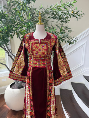 Burgundy Embroidery Tatreez Velvet Thobe