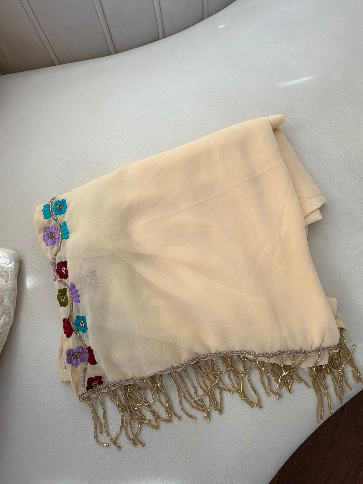Elegant Cream Floral Embroidered Shawl with Gold Beaded Fringe