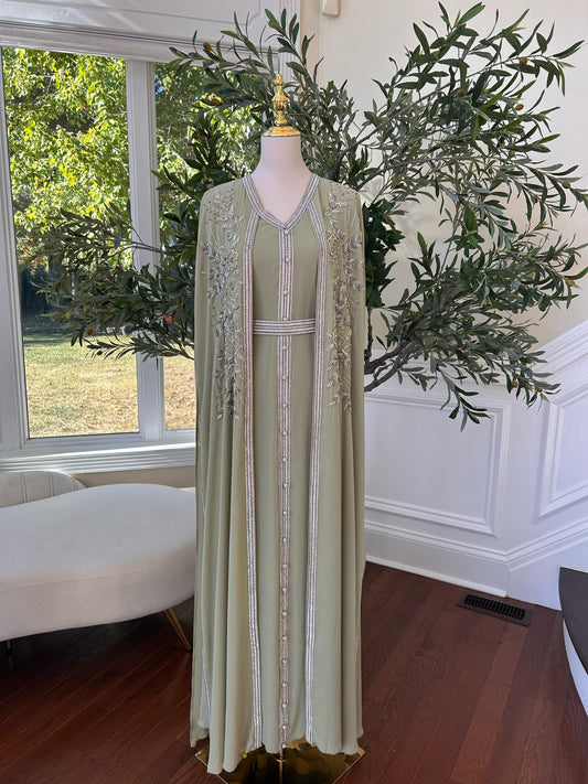 Light Green Floral Kuftan Elegance