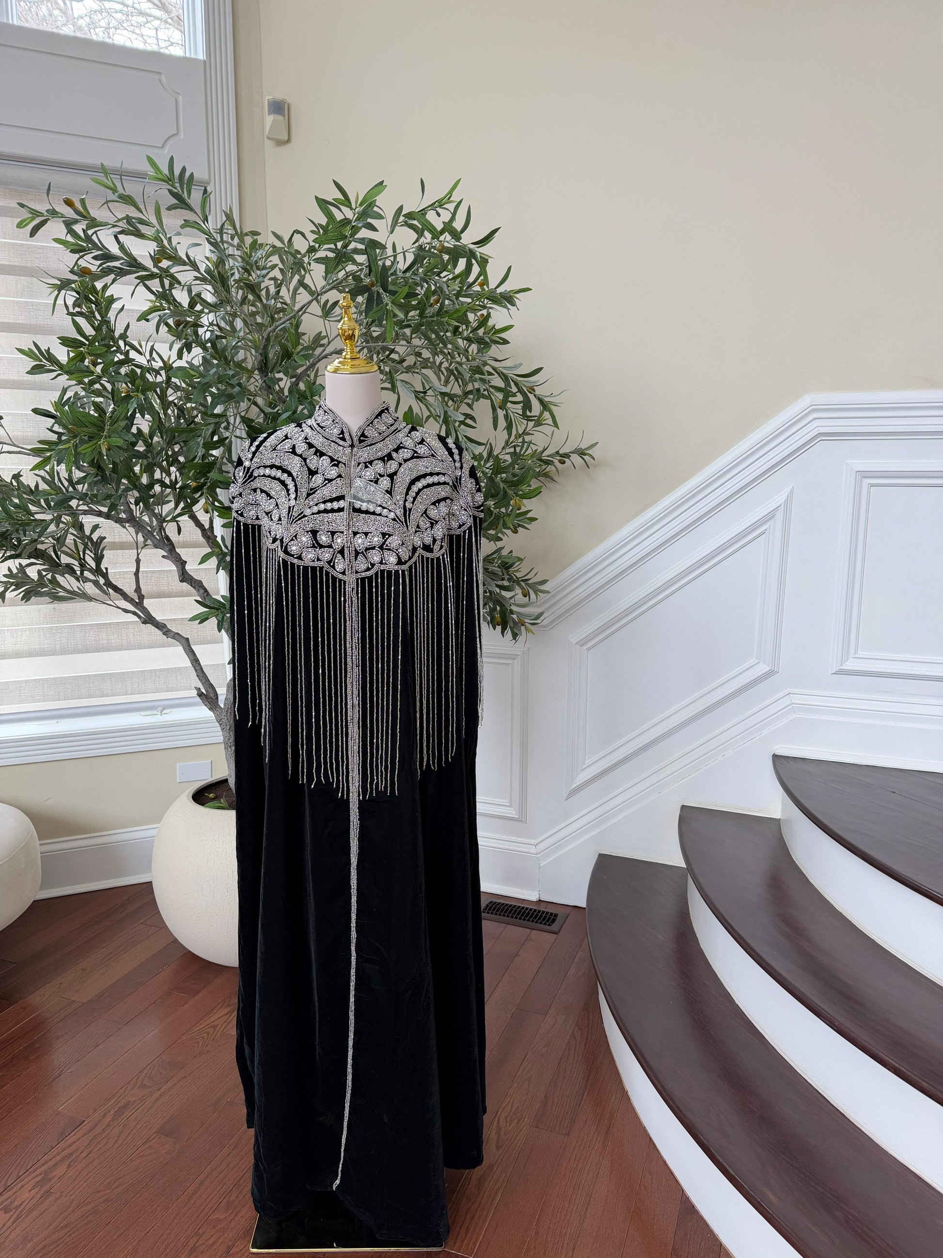 Velvet Black Beaded Stone Cardigan Abaya