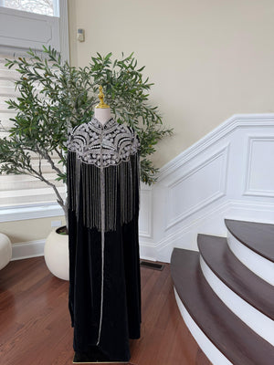 Velvet Black Beaded Stone Cardigan Abaya
