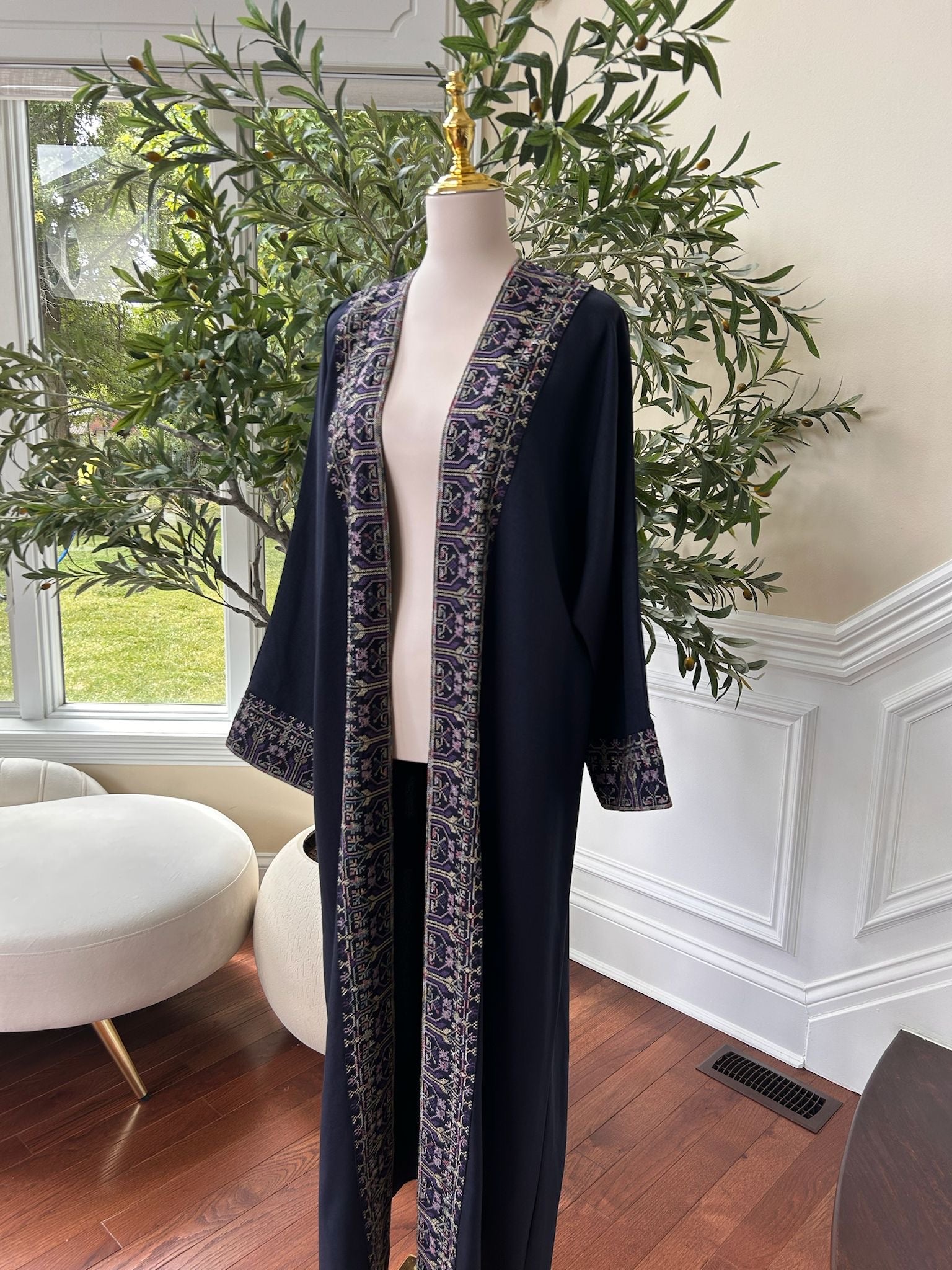 Navy Blue Tatreez Purple Elegance Cardigan Abaya