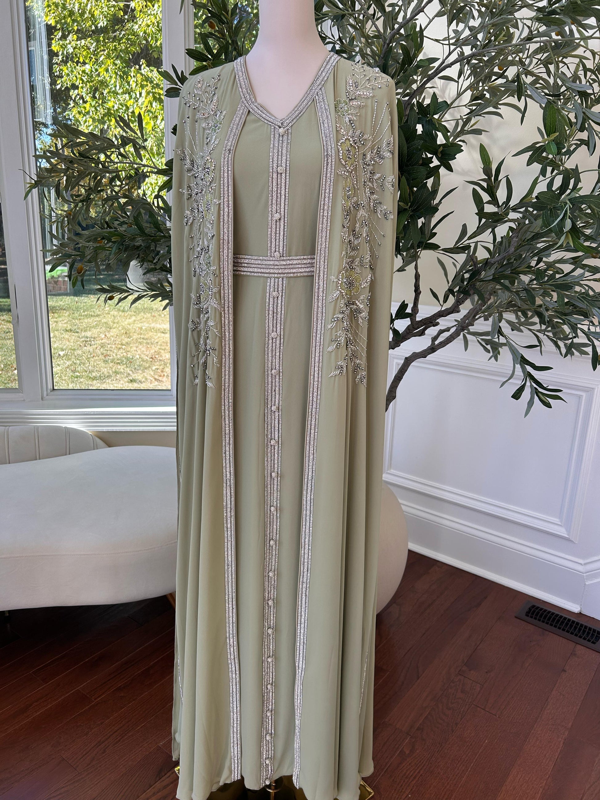 Light Green Floral Kuftan Elegance
