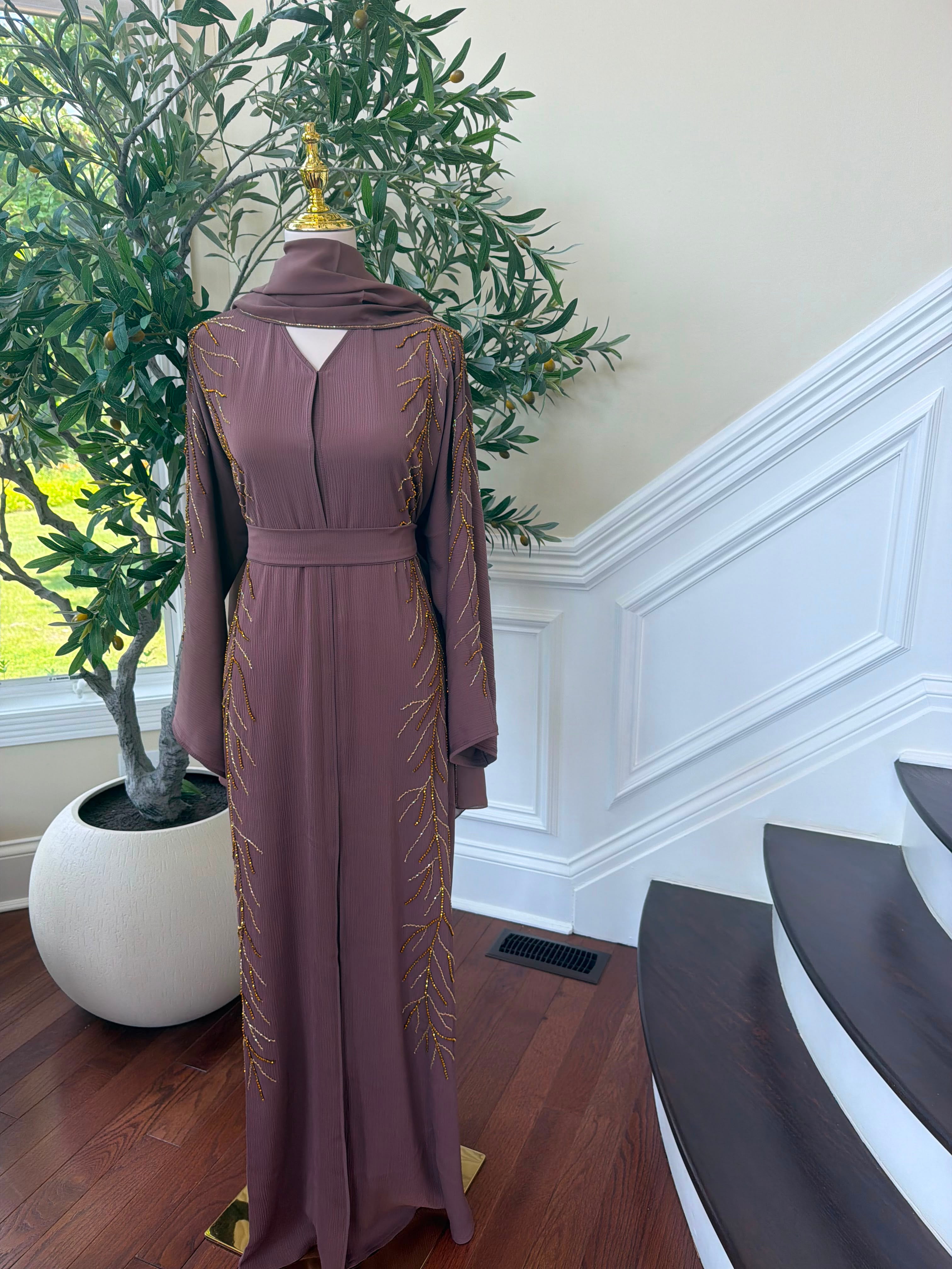 Muave Golden Beaded Abaya