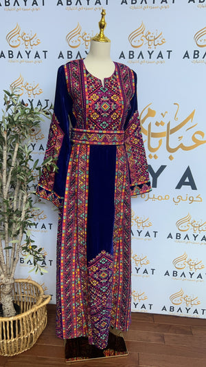 Refashioned Thoub with Exquisite Stone Embroidery on Luxurious Blue Velvet