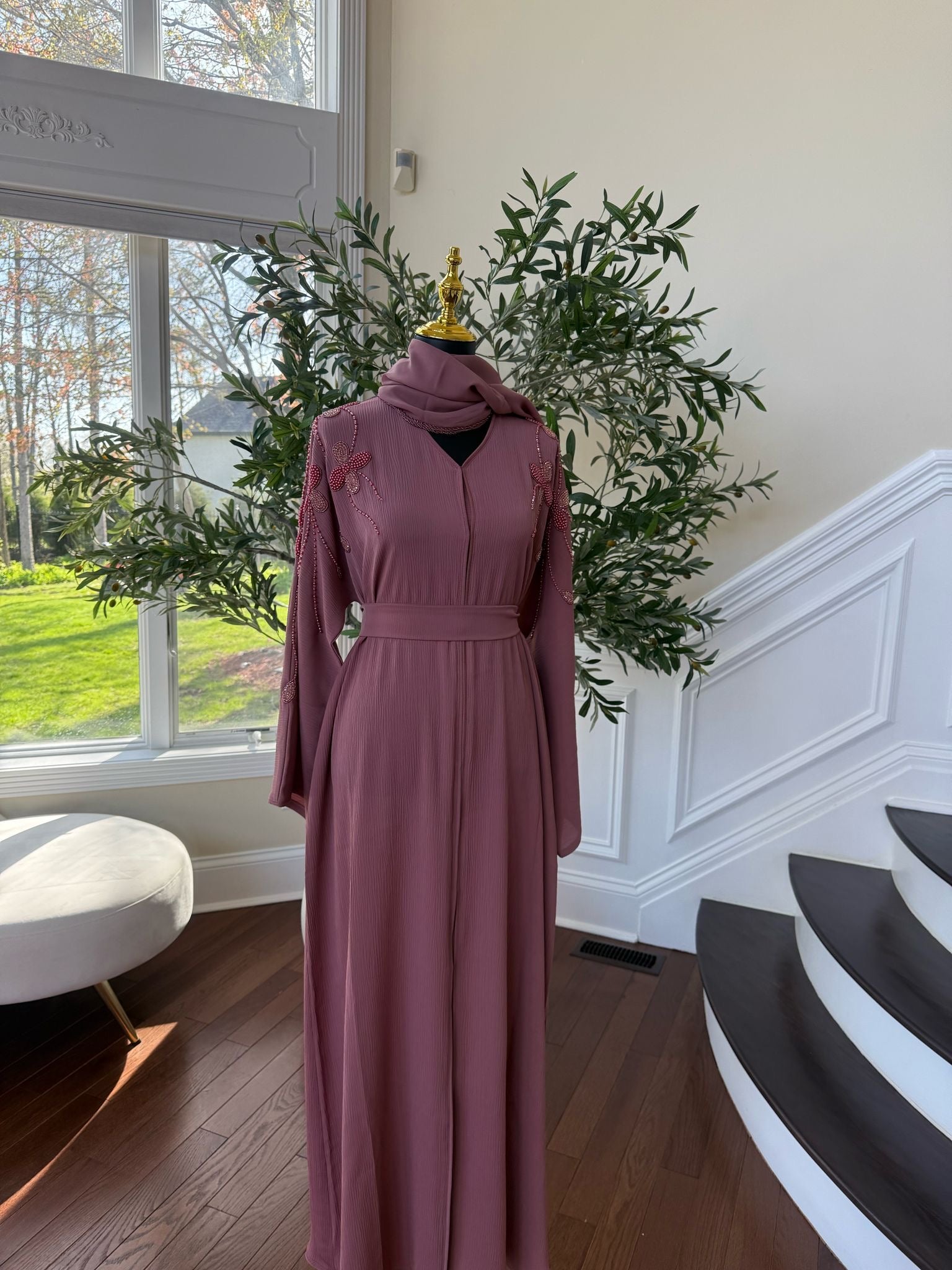 Rose Pink Beaded Abaya