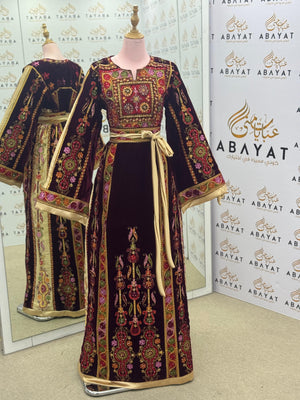 Velvet Burgundy Palestinian Thobe with Multicolor Embroidery and Golden Belt