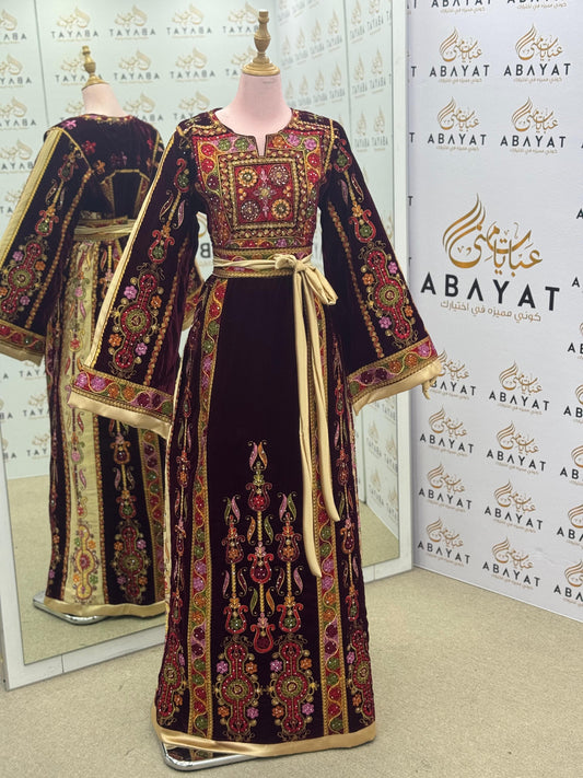 Velvet Burgundy Palestinian Thobe with Multicolor Embroidery and Golden Belt