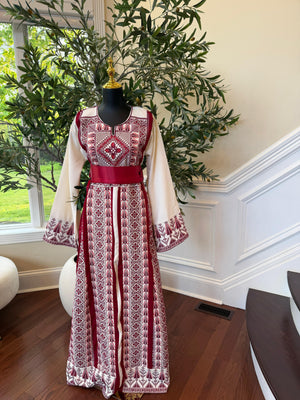White Traditional Embroidery Red Tatreez Thobe
