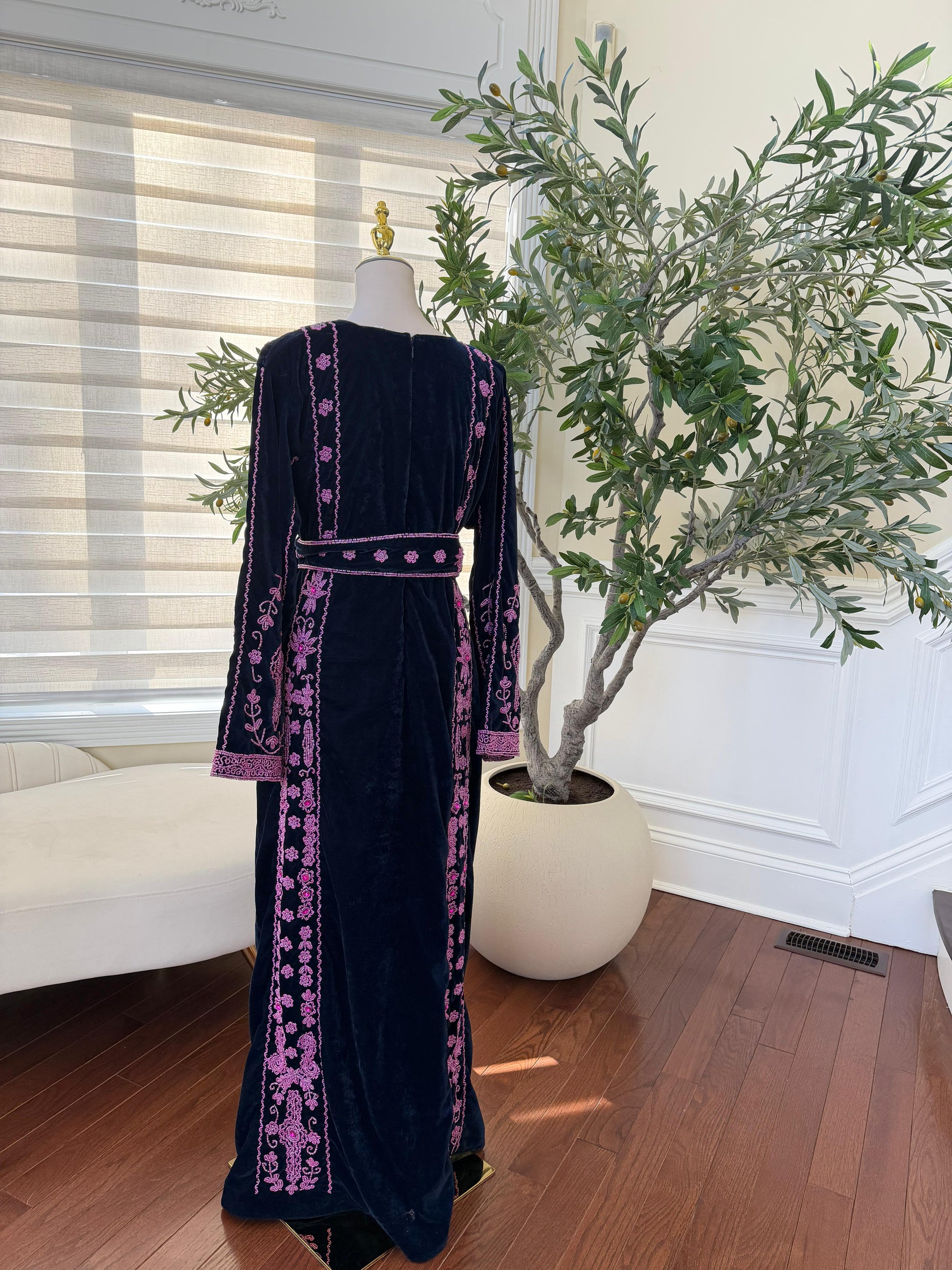 Navy Blue Velvet Pink Stone Thobe